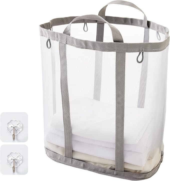 Mesh Laundry bag with Handles, 42L Collapsible Laundry Basket with 2 Hooks, Wall-Mounted Foldable Laundry Hamper Hanging for Bathroom, Dorm or Travel (Grey, 1 Pack）