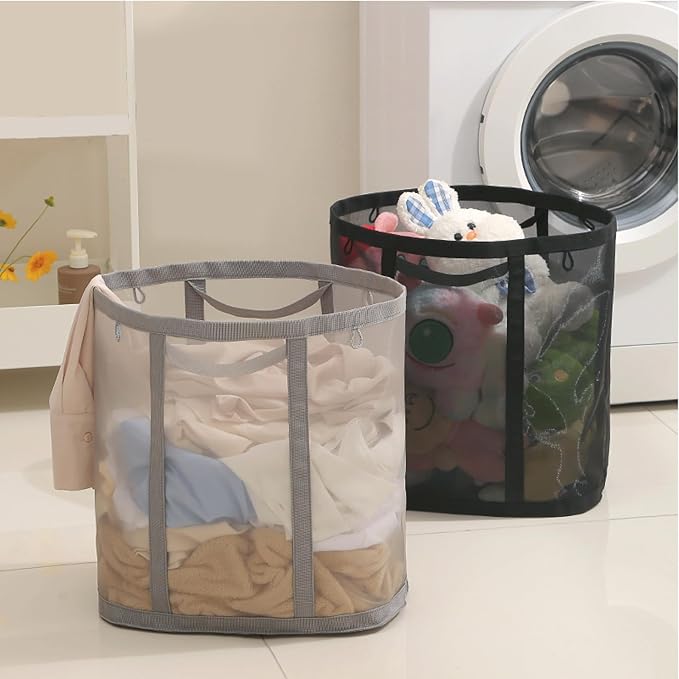 Mesh Bag with Handles, Collapsible Laundry Basket, Foldable Laundry Bag, Breathable Folding Beach Bag,Space-saving Travel Tote Bags (2, Grey)