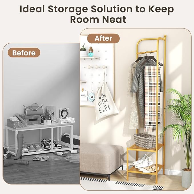 Tangkula Corner Coat Rack with Storage, Simple Hall Tree with Hanging Rod & 2 Mesh Shelves, Anti-toppling Devices, Freestanding Metal Clothes Rack Shoes Shelf Organizer for Entryway Bedroom (Golden)