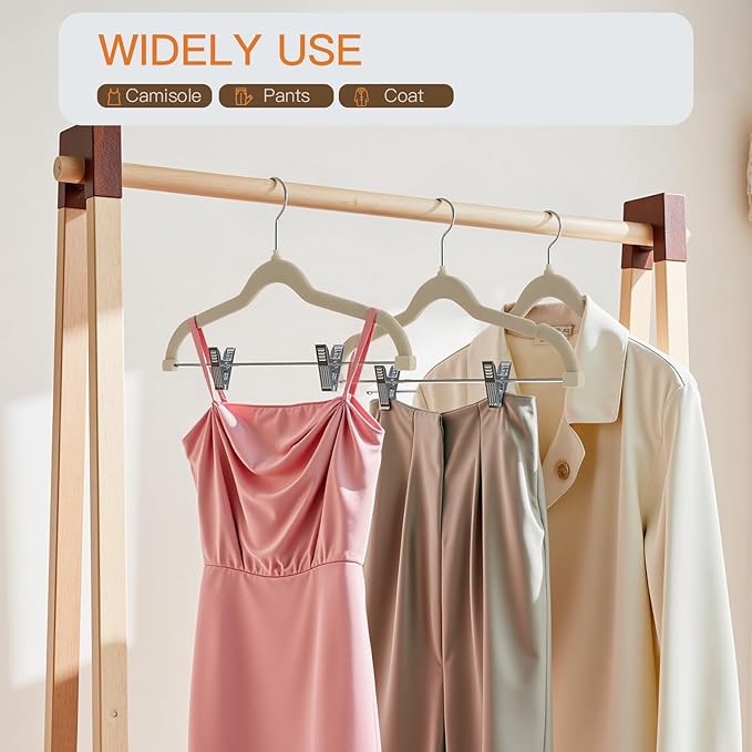 Flottian 36 Pack Beige Velvet Pants Hanger,Velvet Hangers with Clips Adjustable,Space-Saving Slim Flocked Hanger,Heavy Duty Non Slip Hangers for Skirts,Coats,Pants,Dress