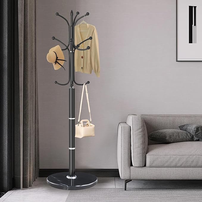 Metal Coat Rack Stand, Modern Freestanding Coat Rack with Natural Marble Base, Black Coat Racks and Coat Hall Tree Hanger Stand for Entryway, Hallway, Office (12 HOOKS)