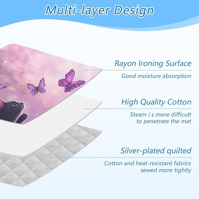 Ironing Mat &Pad Magnetic Heat Resistant Pads Portable Travel Ironing Blanket Ironing Board Covers 27.6x47.2Inches Purple Cat and Butterfly28