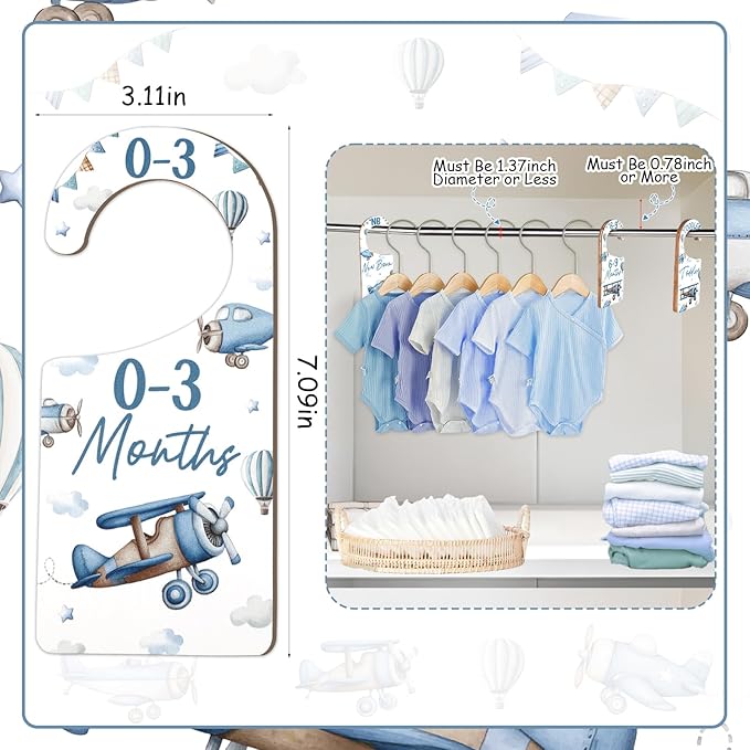 Baby Closet Dividers 8PCS, Airplane Themed Wooden Double-Sided Clothes Size Hanger/Organizer from Newborn to Toddler for Nursery Decor Baby Shower Birthday Gender Reveal Party Gift