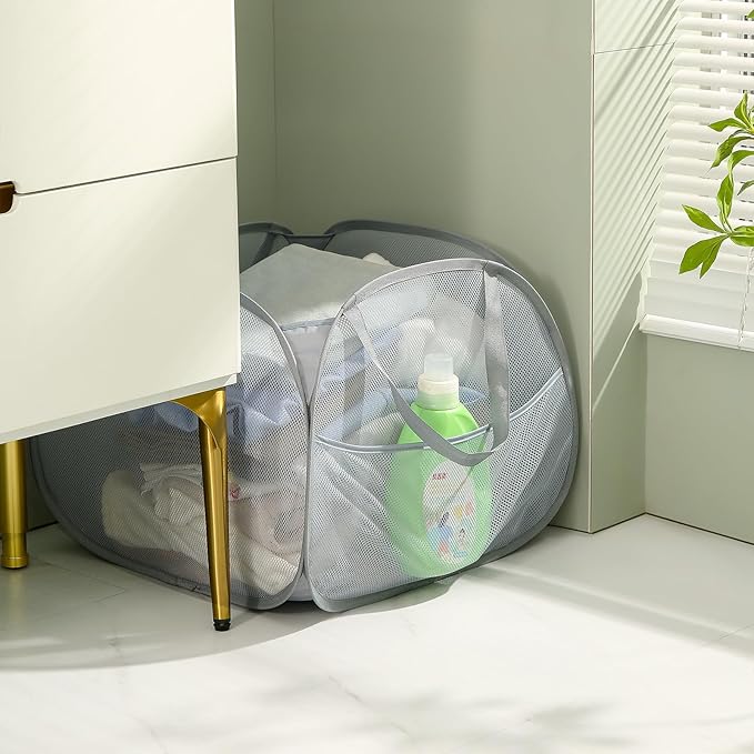 TECHMILLY Collapsible Mesh Pop Up Laundry Hamper with Strong Handles, Large Opening Clothes Hamper with Side Pockets, Storage Baskets for Dorm, Laundry Room, Bathroom or Travel (White, 90L)