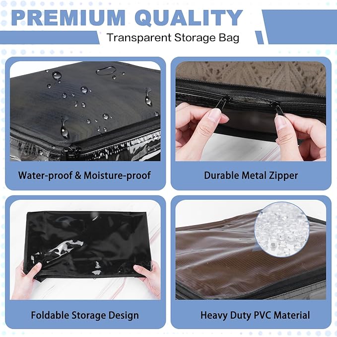 Clear Zippered Storage Bags Plastic Sweater Storage Bags with Zipper 6 Packs Clothing Organizer for Blankets Linen Sweater Bed Sheet Quilt Clothes Pillow (18 x 15 x 9 Inch, Black)