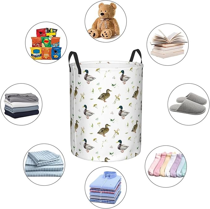 Laundry Basket Cute Mallard Duck Room Decor,Round Laundry Hamper Waterproof Dirty Clothes Hamper Collapsible Laundry Baskets With Handles,Toy/Clothes Storage Basket For Home Dorm Bathroom Decor