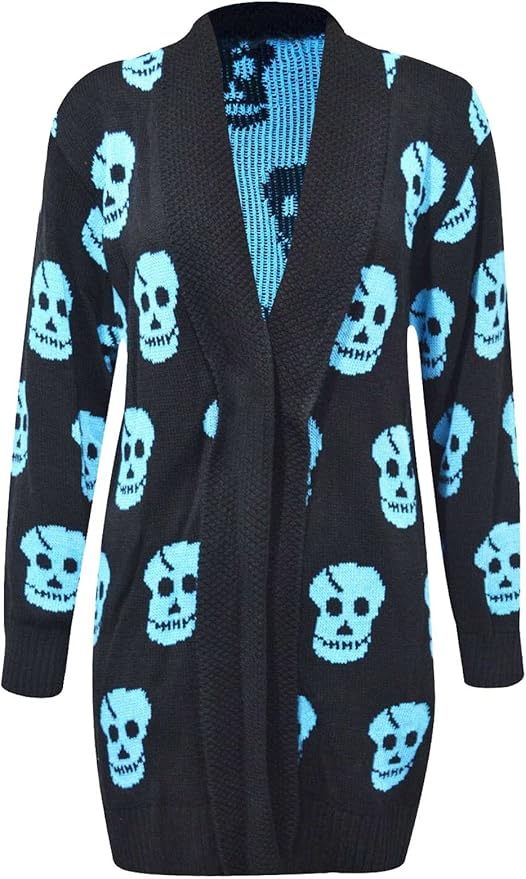 Thever Women Ladies Halloween Skull Skeleton Print Open Front Knitted Cardigan