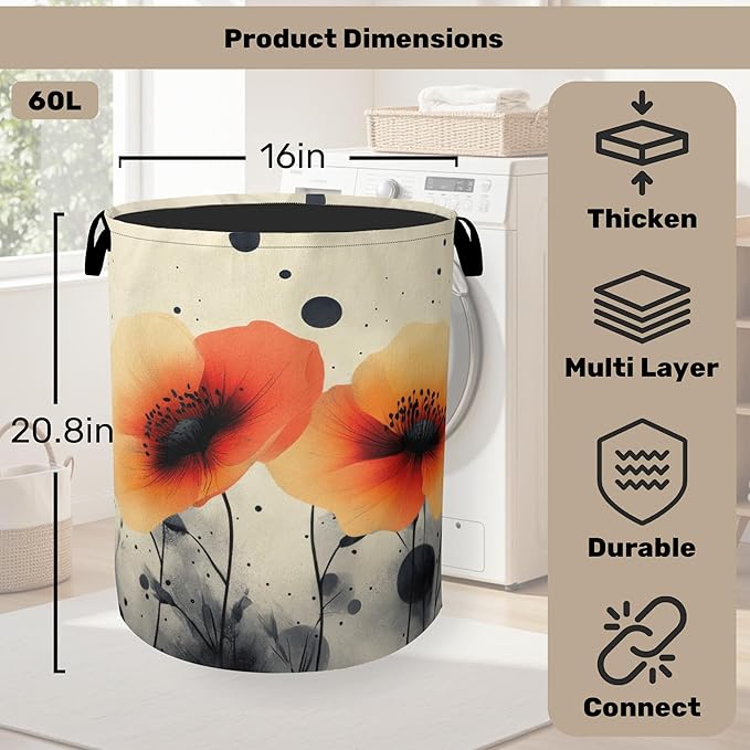Orange Flowers Laundry Basket - Heavy Duty 60L Dirty Clothes Basket, Water Resistant Foldable Hamper for Men Women, Storage Basket for Bedroom, Bathroom, Nursery