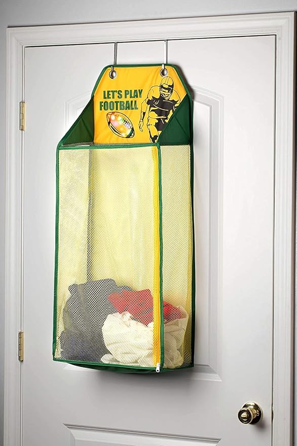 Store & Score Over The Door Hanging Kids Fun LED Football Light-Up Collapsible Mesh Construction Laundry Hamper Basket, Toy Chest, Heavy Duty Metal Hooks Included. Patent Pending