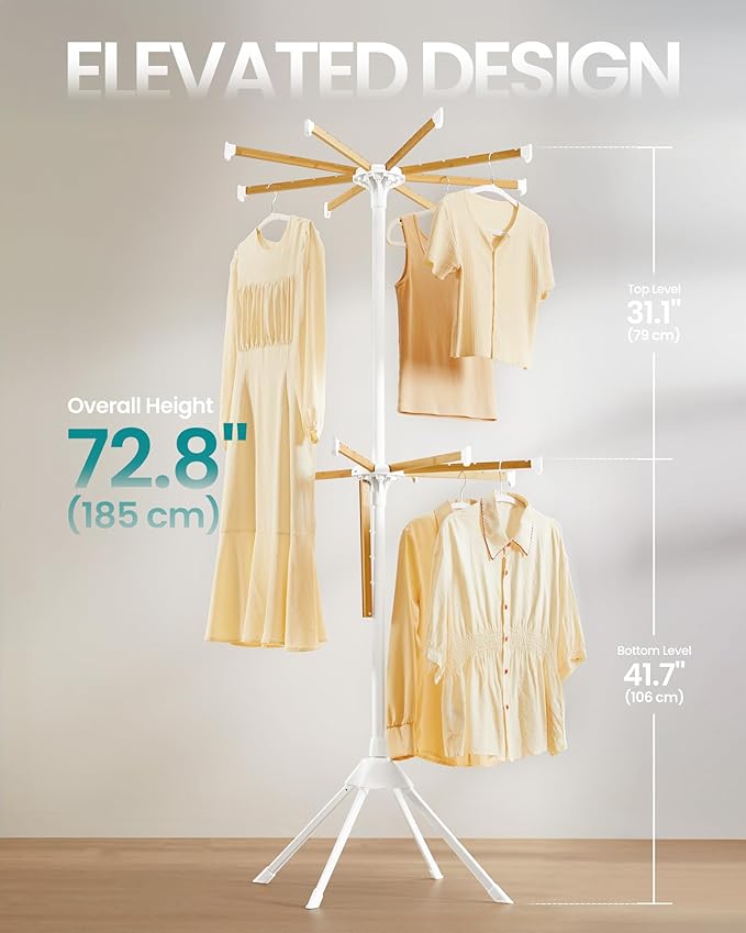 SONGMICS Clothes Drying Rack 2-Tier, with Bamboo Hanging Rods, Foldable Metal Laundry Rack, Space-Saving, Free-Standing Airer, Indoor Use, White and Natural ULLR517W01