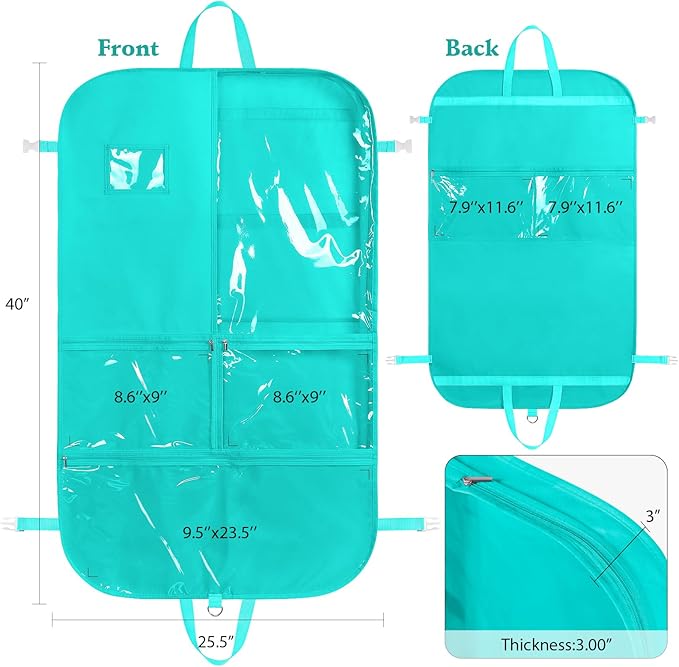 Univivi Kids Garment Bags for Dance Costumes 40 Inch Dance Costumes Bag, 3 Medium Clear Zipper Pockets and 2 Back Zippered Pockets, with 1 xPendant, 3 x Badge - Green