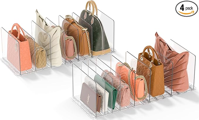 GoMaihe Bag & Purse Organizer for Closet: 4 Sets Adjustable Clear Handbag Storage Shelf - Plastic Clutch Dividers | Minimal | Keep Purses upright