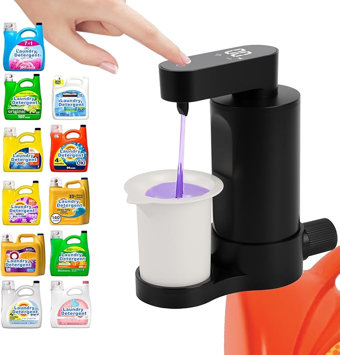 Electric Laundry Detergent Dispenser with Graduated Cup, Smart Laundry Detergent Pump, 2000mAh Rechargeable Fabric Softener Dispenser with Lock Function, for Laundry Room Organization (Black)