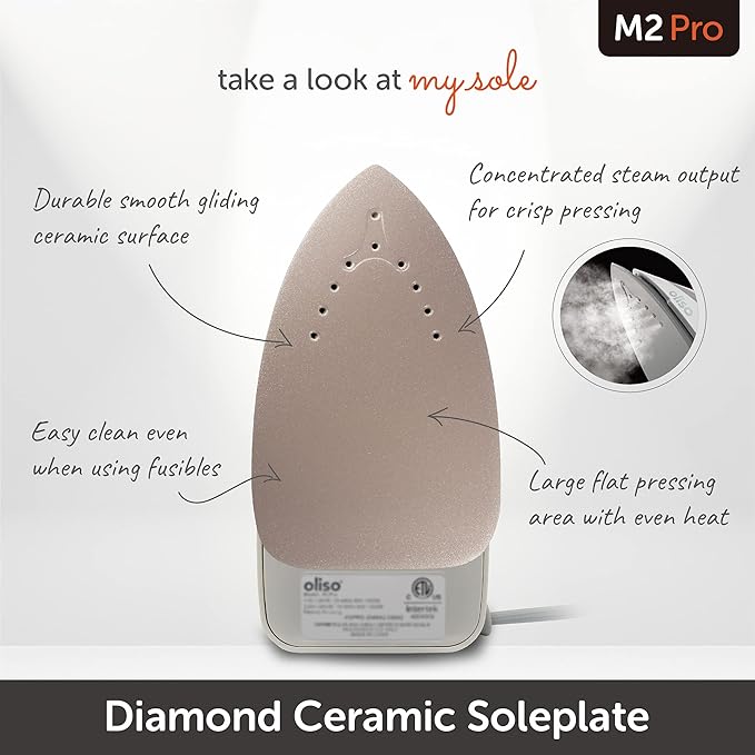 oliso M2Pro Mini Steam Iron with Solemate® – 1000 Watt Dual Voltage Travel Iron for Sewing, Quilting, and Crafting – Ceramic Soleplate, Precision Tip – Butterscotch