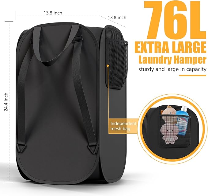 Collapsible Backpack Laundry Bag Made by Strong Polyester Oxford Cloth, 76L Heavy Duty Large Hamper with Adjustable Shoulder Strap, Foldable Basket with Mesh Pocket for College, Travel, Apartment