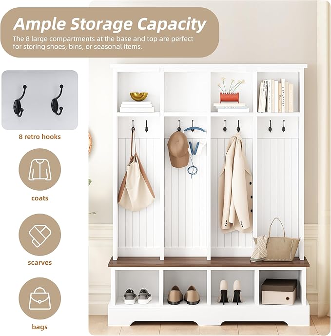 Farmhouse 59" Wide Hall Tree with 8 Hanging Hooks, Wood Grain Bench with Open Compartments, 76.7" H Entryway Shoe Rack Coat Hanger for Living Room Mudroom Hallway (White-8.26)