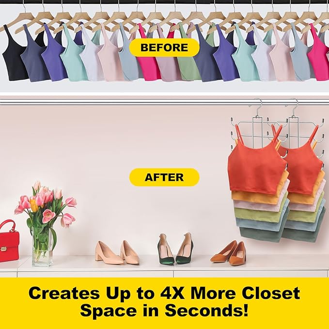 Metal Tank Top Hanger 2 Pack, Space Saving Bra Organizer with 24 Easy Access Hooks, 360° Swivel Closet Organizers and Storage, Apartment College Dorm Room Essentials, Small Space Organization Solution