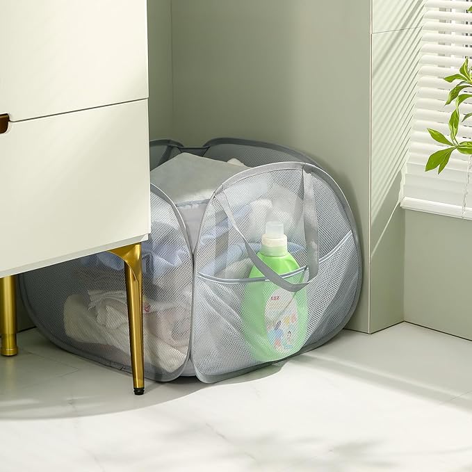 TECHMILLY Collapsible Mesh Pop Up Laundry Hamper with Strong Handles, Large Opening Clothes Hamper with Side Pockets, Storage Baskets for Dorm, Laundry Room, Bathroom or Travel (Blue, 90L)