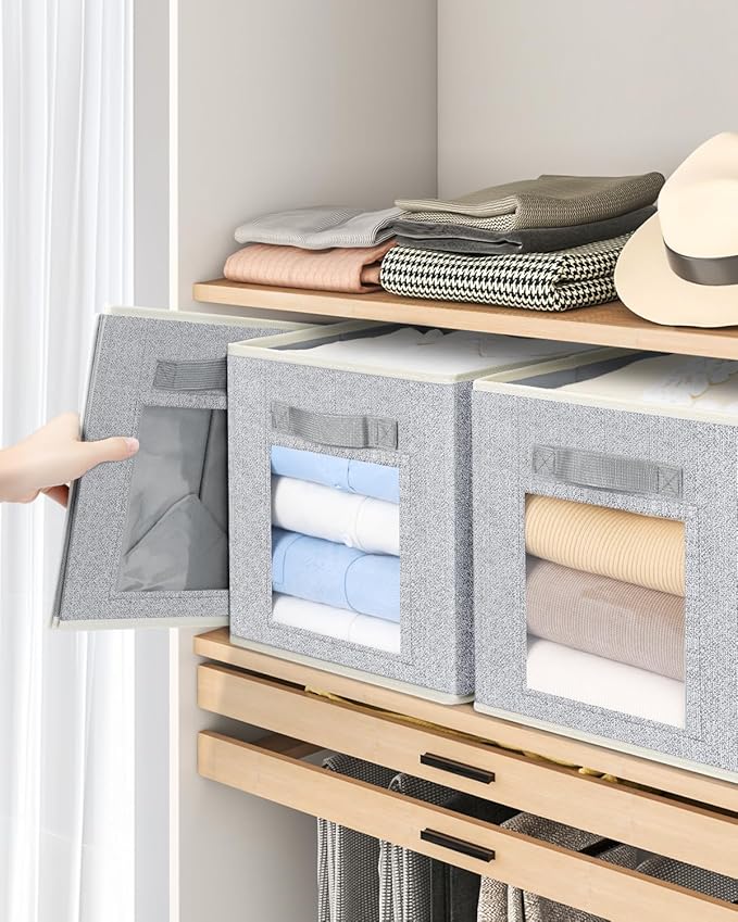 Foldable Storage Cubes - Cubby Storage Organizer with Window, Decorative Fabric Bins for Clothes Storage, Closet Organizers for Shelves, 11inch, Set of 8, Light Grey