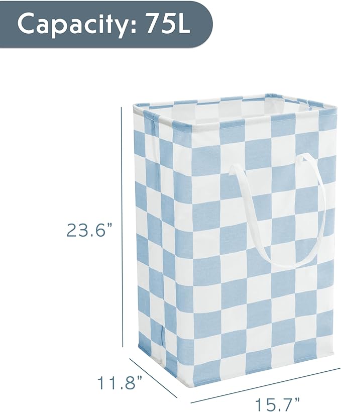 Checkered Laundry Hamper, Pack of 2, Large Pastel Blue Collapsible Cloth Hampers Basket for Storage Organization Cute Aesthetic, 2 x 75L