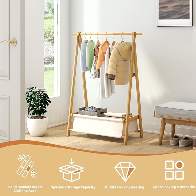 Dress Up Rack - Clothing Rack with Storage Box, Dress Up Storage, Small Foldable Bamboo Garment Stand with Hanging Rods, Dress Up Holder