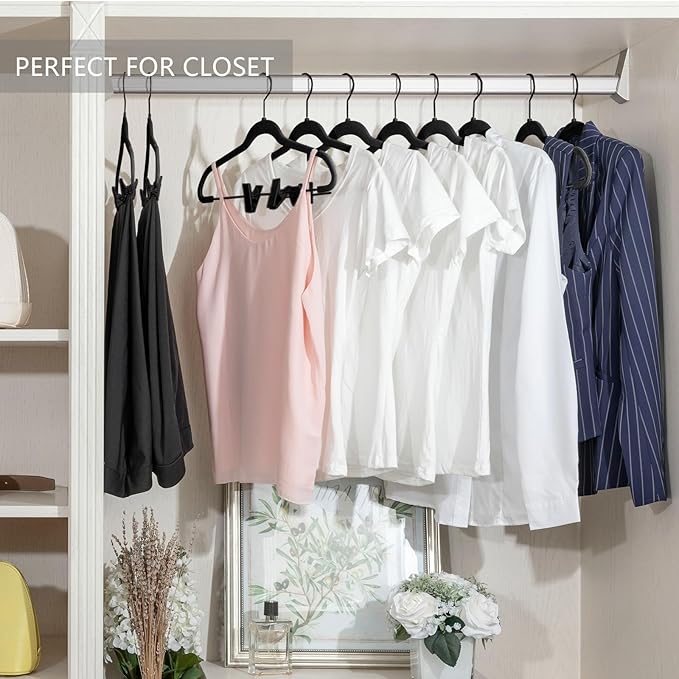 MIZGI Premium All Black Velvet Pants Hangers with Adjustable Clips (Pack of 30) Slim Skirt Hangers- Non Slip Felt Outfit Dress Hangers- Black Hooks,Space Saving Shirt Clothes Hangers