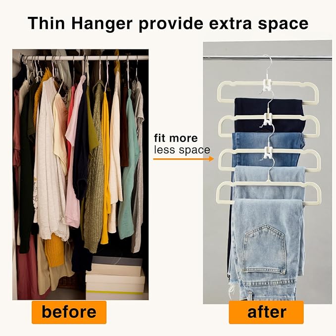60sets/120pcs Velvet Pants Hangers Non Slip White Felt Hangers with 60 Cascading Hooks, Space Saving 360 Degree Swivel Hook Closet Organizer for Jeans, Trousers, Leggings, Tank Top, Shorts and Skirts