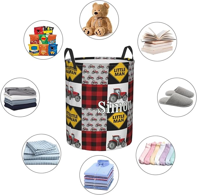 Farm Vehicle Tractor Customized Laundry Basket with Name Collapsible Waterproof Organizer Bin Laundry Hamper with Handle for Clothes Toys Bedroom.