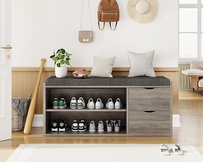 LVB 2-Tier Storage Bench with Padded Cushion, Entryway Shoe Bench with 2 Drawers, 2 Barn Doors & Adjustable Shelf, Industrial Style for Foyer, Bedroom, Living Room, Greige, 40 Inch