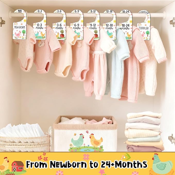 Baby Closet Dividers 8PCS, Cute Chick Themed Wooden Double-Sided Clothes Size Hanger/Organizer from Newborn to Toddler for Nursery Decor Baby Shower Birthday Gender Reveal Party Gift