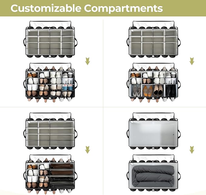 Shoe Organizer for Closet, Shoe Storage Solution with Clear Cover & Adjustable Dividers, Fabric Shoe Box Fits 16 +12 Pairs Shoes, Black, 1-Pack