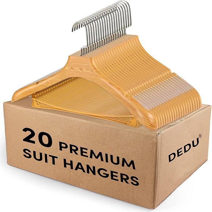 DEDU Suit Hangers for Men 20 Pack Width 17.5", Coat Hangers No Shoulder Bump Non Slip for Thick Sweaters, Plastic Extra Wide Shoulder with Pants Bar & Metal Hook (Natural)