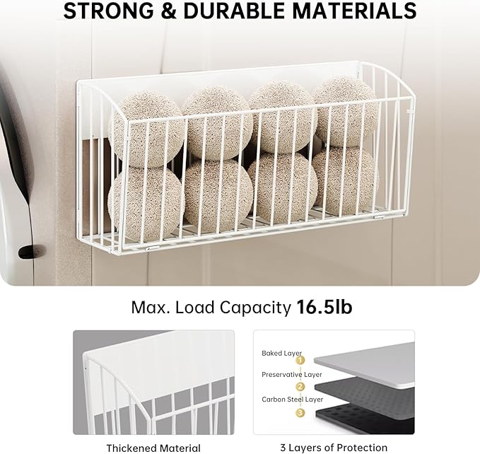 Magnetic Wool Dryer Ball Holder, Magnetic Basket for Laundry Detergent, Magnetic Shelves for Side of Washer Dryer Refrigerator, Laundry Room Organization and Storage (White, L14.96'', W4.41'', H7.2'')