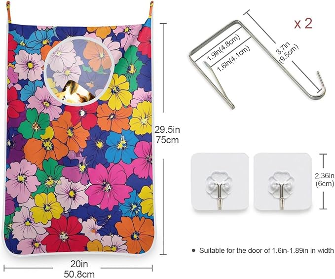 Hanging Laundry Hamper with Stainless Steel Hooks,Oxford Fabric Printing Door Laundry Clothes Bag, 29.5X20inch 2PCS Kawaii Small Hibiscus Flowers