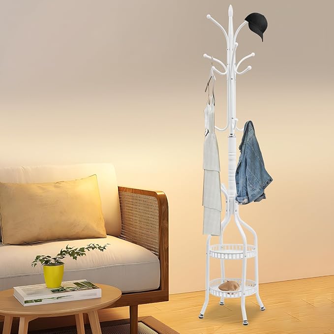 Metal Coat Rack Stand Freestanding Hat Hall Tree Clothes Rack Holder Modern Clothing Garment Hanger Stand with Double Layer Storage Basket and Hooks for Hanging Scarf Bag for Entryway Bedroom (White)