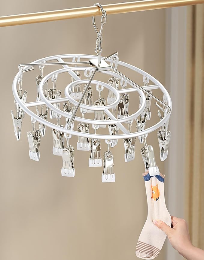 Drying Rack for Sock, Stainless Steel Sock Drying Rack with 24 Clips, Swivel Hook Windproof Hanger for Sock, Bras, Towel, Underwear, Laundry, Hat, Scarf, Pants, Gloves (White)