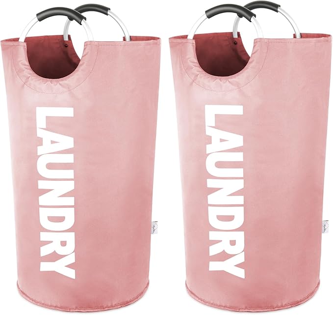 Laundry Hamper Bags 2 Pack, Large Laundry Baskets Collapsible, Dirty Clothes Hampers with Handles, Freedstanding Laundry Bin for Bedroom, College Dorm Room, Sturdy, Easy Carry (Pink)