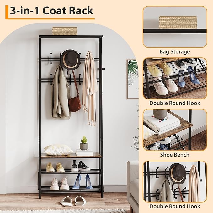 4-in-1 Entryway Organizer with 10 Double Row Hooks, Coat Rack and Shoe Storage Bench, Sturdy Metal Frame, Space-Saving Design for Living Room or Foyer, Rustic, 25.2" D x 11.4" W x 70" H