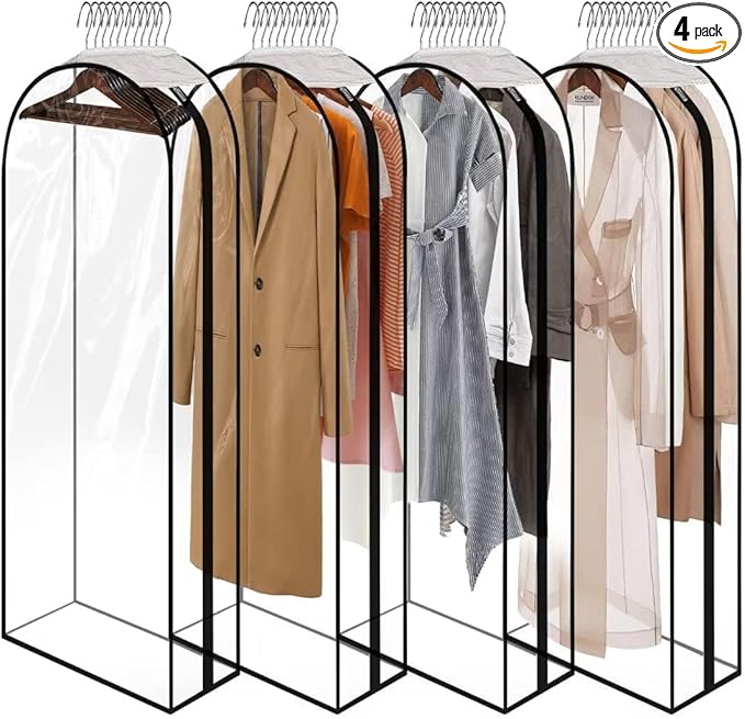60" Clear Clothes Hangers with Smooth Side Zipper, 10" Gusseted Waterproof Garment Bags for Shirts, Coats, Dresses, Suits, 4 Pack