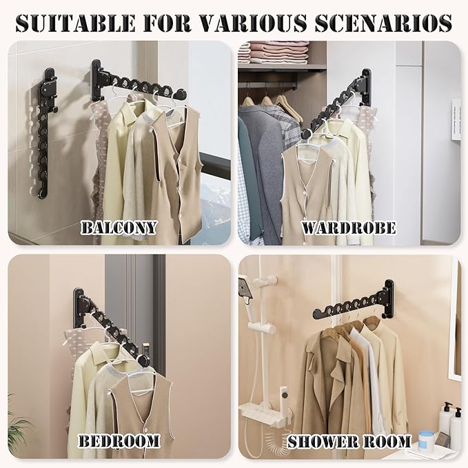 Wall Mounted Clothes Hanger Rack Folding Wall Mounted Clothes Hanger for Laundry with Swing Arm Space Saving Closet Storage Organizer Heavy Duty Coat Hook for Bathroom Bedroom Black 2-Pack