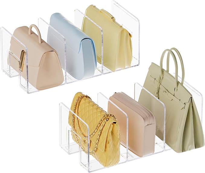 HBlife Purse Organizer for Closet, 3 Sections Widened Clear Handbag Storage Shelf Bag Organizer Acrylic Clutch Dividers for Closet Organizers and Storage, 2 Pack (Fits Up to 4.17 Inch Width Small Bag)
