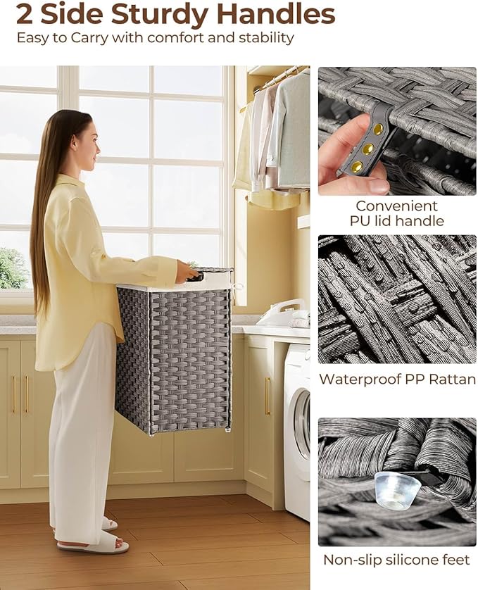 Greenstell Laundry Hamper with lid, No Install Needed, 130L Wicker Laundry Baskets Foldable 2 Removable Liner Bags, 2 Section Clothes Hamper Handwoven Rattan Laundry Basket with Handles, Gray