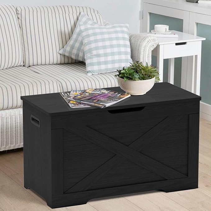 Storage Chest, Wooden Storage Bench, Entryway Shoes Bench with 2 Safety Hinges, for Living Room, Bedroom, 15.7 x 31.5 x 18.9 Inches, Black