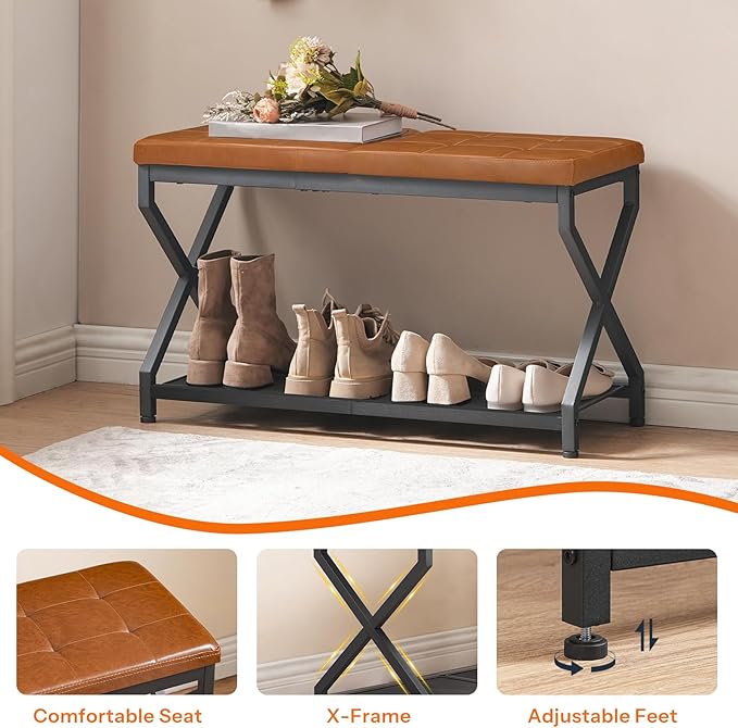 HOOBRO 29.5" L Shoe Bench, Shoe Rack Bench with PU Leather Cushion, Shoe Storage Organizer for Front Door Entrance, 2-Tier Entryway Bench for Small Space, Loads 300 lb, Whiskey Brown CB24HX01