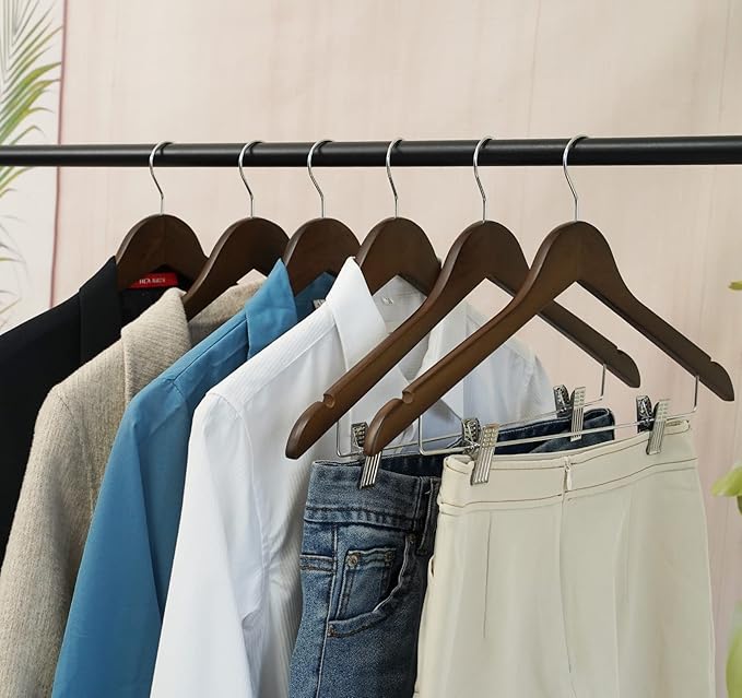 Wooden Clothes Hangers with Clips, 16Pack Wood Skirt Hangers with Clips, High-Grade Selected Walnut Wood Hangers with Sturdy Metal Clips for Pants, Suit, Heavy Winter Coat, Jacket, Formal Dress