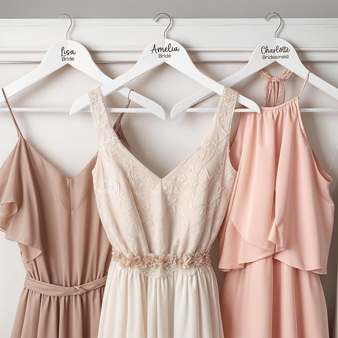 Personalized Bride and Groom Hangers With Custom Name and Date - Engraved Wood Bridal Party Hangers, Bridesmaid Gifts, Wedding Dress Hanger - White - 2 Pack
