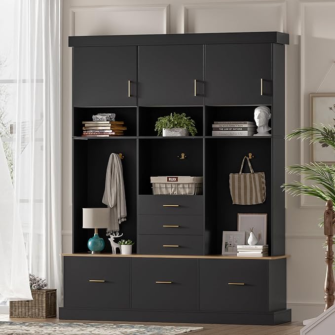 Modern 58'' Wide Hall Tree with Bench and Storage, 5-in-1 Wood Hall Tree with Coat Rack, 6 Drawers, 3 Cabinets and 3-Tier Top Storage for Hallway, Entryway, Living Room, Mudroom (Black-10.15)