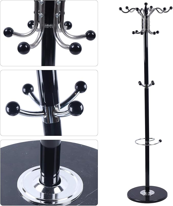 DouSeiAi Metal Coat Rack Stand, Morden Coat Tree with Marble Base and 16 Hooks, Free Standing Hall Tree for Hanging Coats, Hats, Bags, Umbrellas, 67" Tall, Black