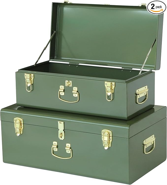 Vixdonos Metal Trunk Decorative Storage Box Set of 2 College Dorm Chest with Handle (Green)