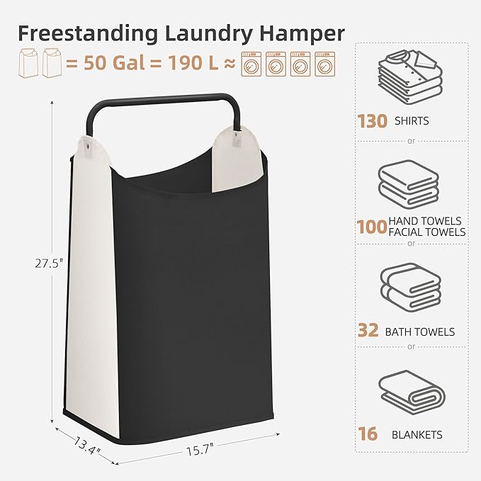 STORAGE MANIAC 2 Pack Large Laundry Hamper with Sturdy Metal Handle, Collapsible Laundry Basket, Freestanding Waterproof Clothes Hamper for Laundry Room, Bedroom, Dorm, Towels, Toys, Black & White